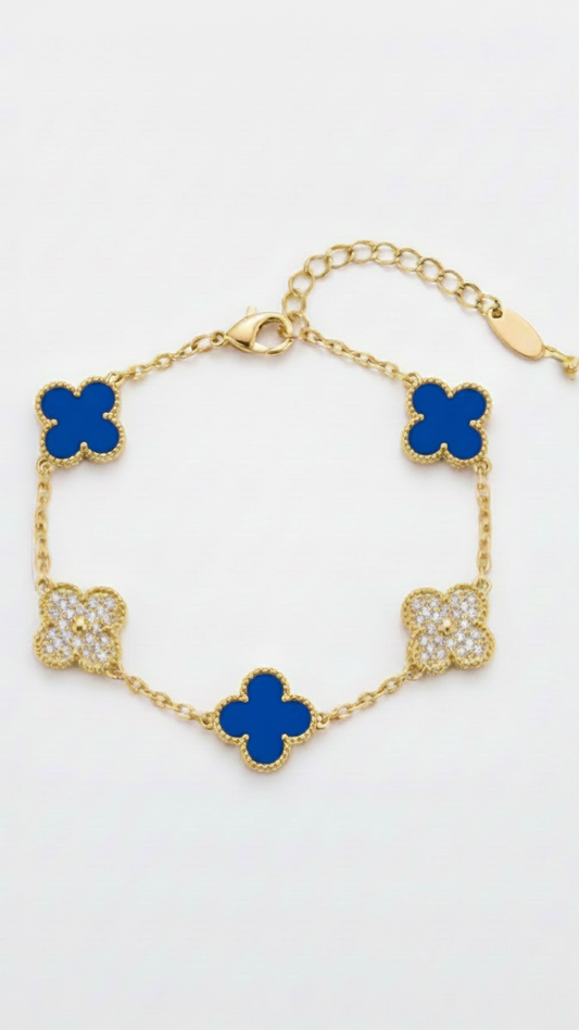 Midnight Sparkle Clover Bracelet – Gold Station Bracelet with Lapis Blue & Pavé Accents