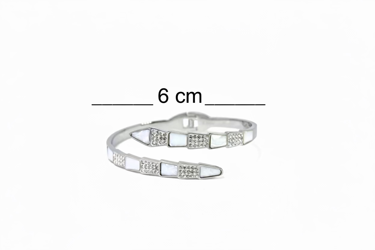 Serpentine Inset Wrap Bangle – Silver-Toned Crystal & Mother of Pearl Serpent snake shape bracelet