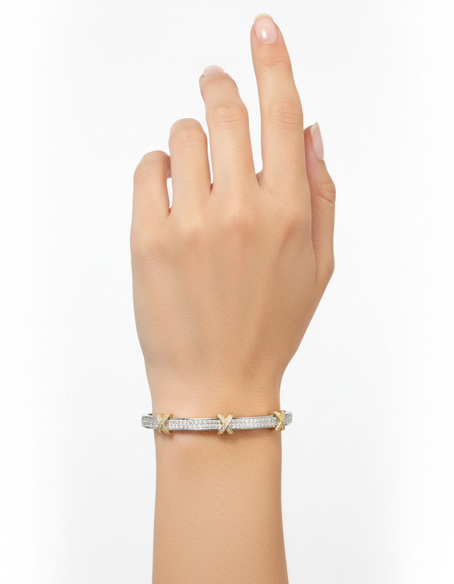 Cross-Link Bangle – Silver & Gold Two-Tone Brilliant Statement Cuff