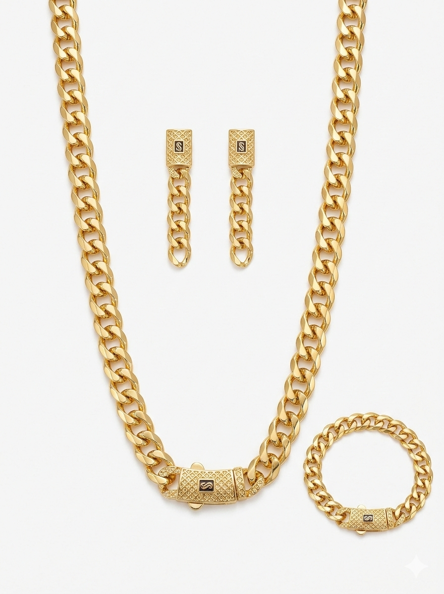 Regent Gold Curb Collection – Heavyweight Necklace, Bracelet, and Earring Set