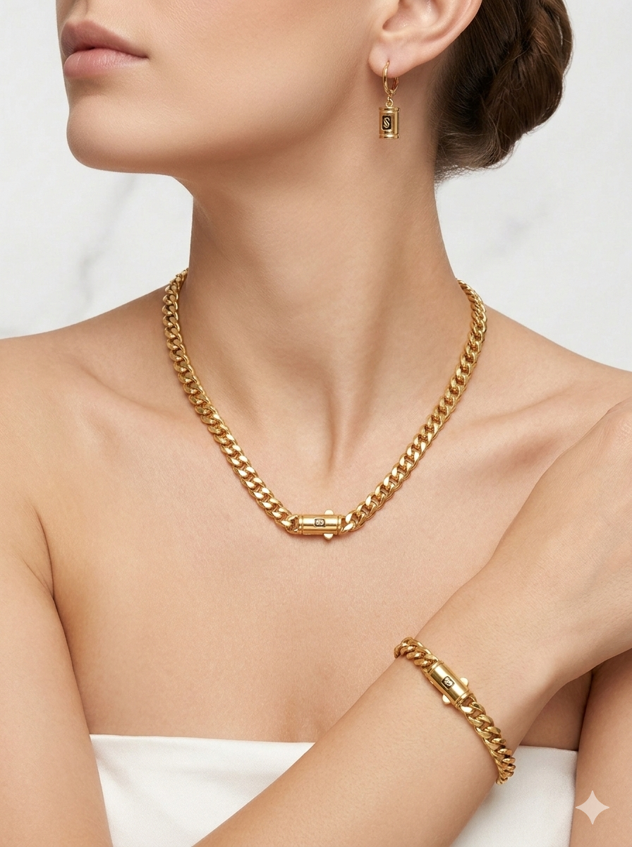 Regent Gold Monogram Curb Set – Heavyweight Chain, Bracelet & Drop Earrings