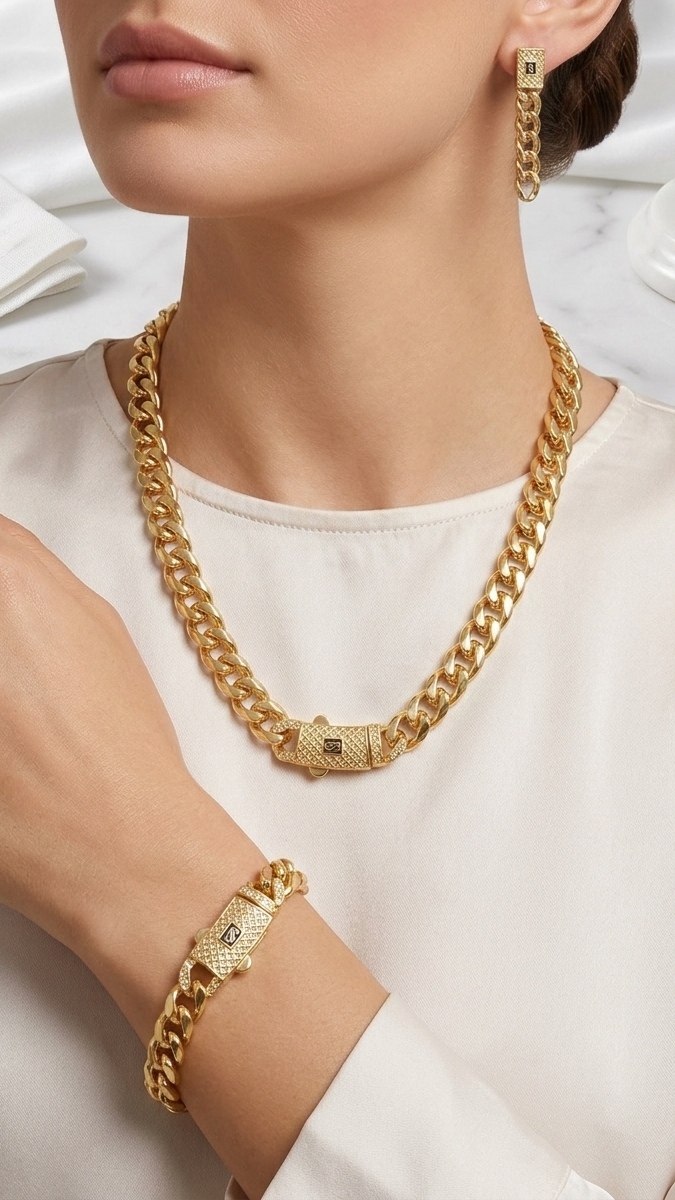 Regent Gold Curb Collection – Heavyweight Necklace, Bracelet, and Earring Set