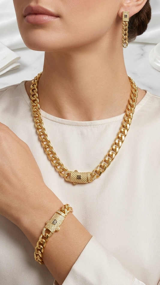 Regent Gold Curb Collection – Heavyweight Necklace, Bracelet, and Earring Set