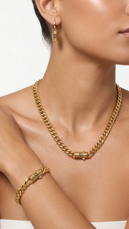 Regent Gold Monogram Curb Set – Heavyweight Chain, Bracelet & Drop Earrings