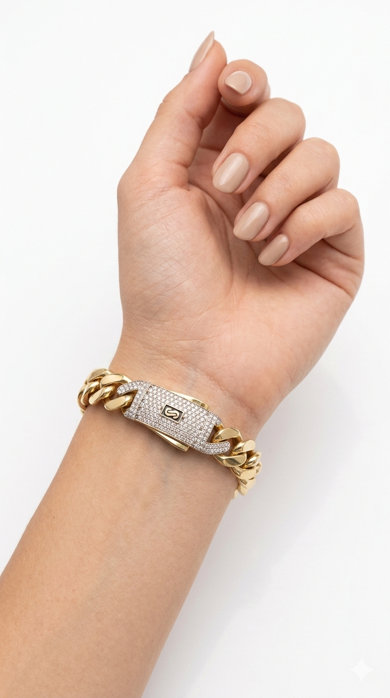 Aura Bold Pave Cuban Bracelet – Gold Plated Chain with Iced-Out Clasp