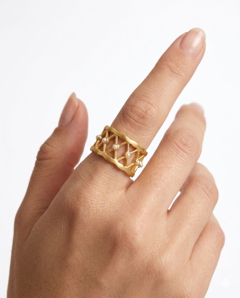 Aura Lattice Pearl Statement Ring Matte Filigree Band