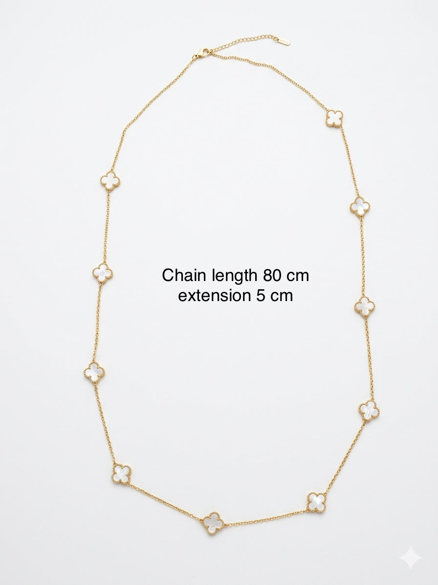 White Clover Long Station Necklace – Gold Mother-of-Pearl Style Motif