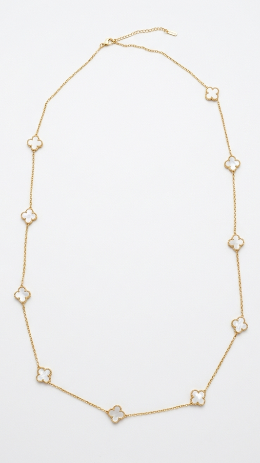 White Clover Long Station Necklace – Gold Mother-of-Pearl Style Motif