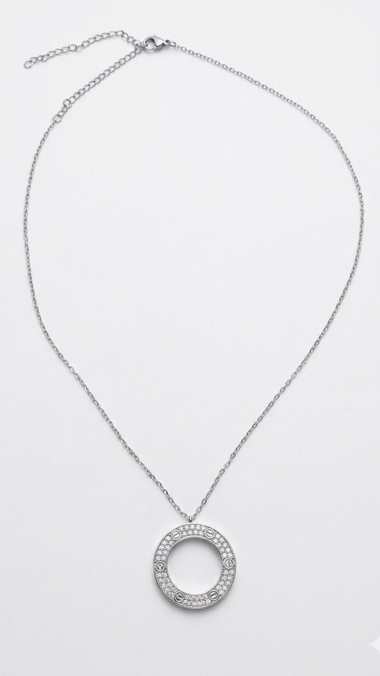 Eternal Circle Necklace – Silver Screw-Motif Sparkling Halo