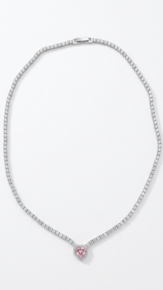 Blush Heart Tennis Statement Necklace – Pink Solitaire & Silver Crystal Chain
