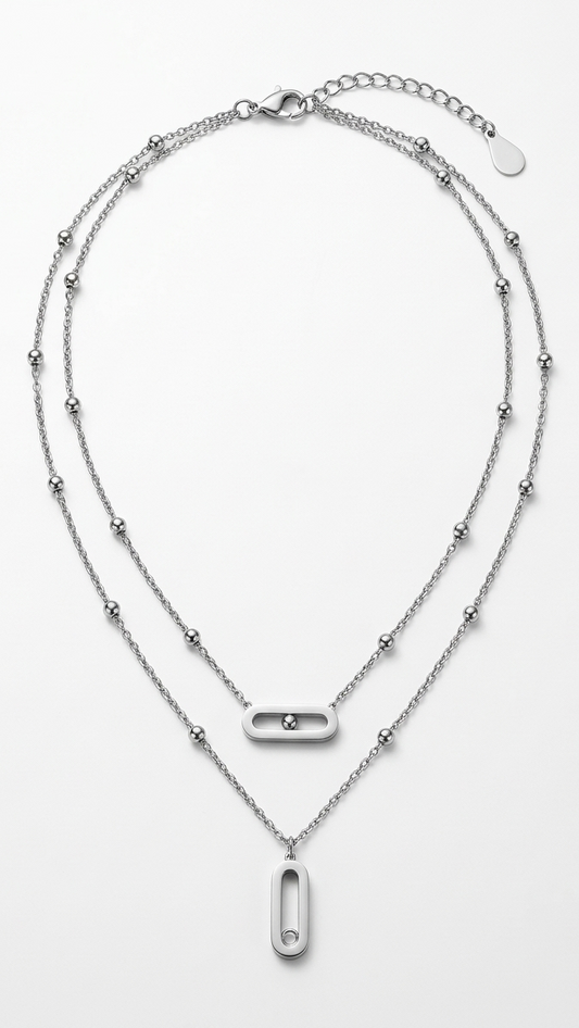 Silver Orbit Double-Layer Necklace – Geometric Dual-Chain Pendant
