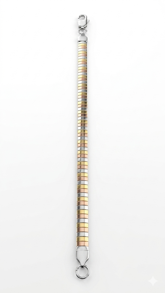 Bracelet with alternating gold and silver beads on a white background