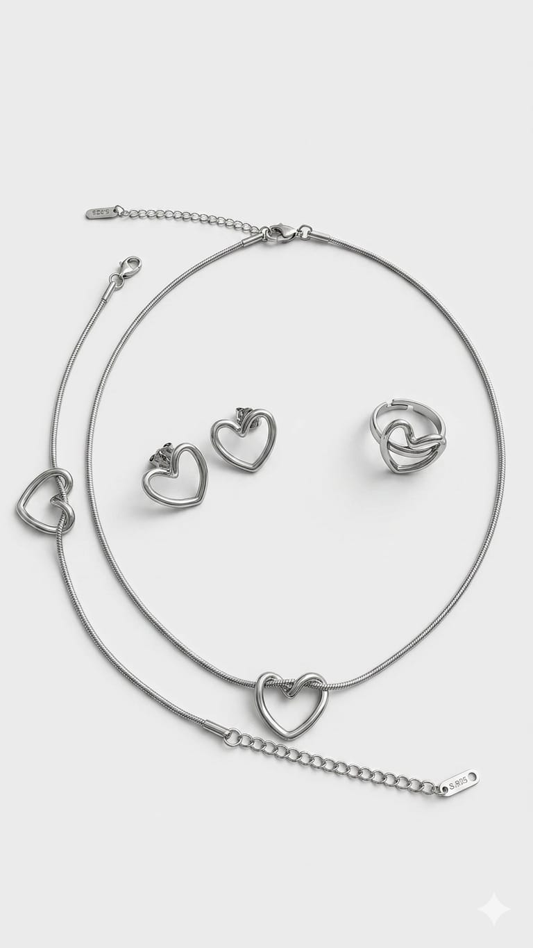 Presteige Accessories complete silver bypass heart jewelry set on plain background.