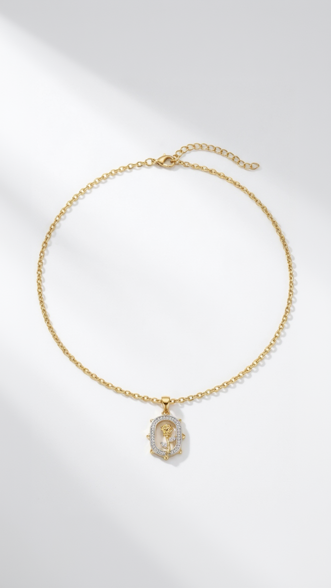 Prestige Accessories gold open-circle necklace with pavé crystal details.