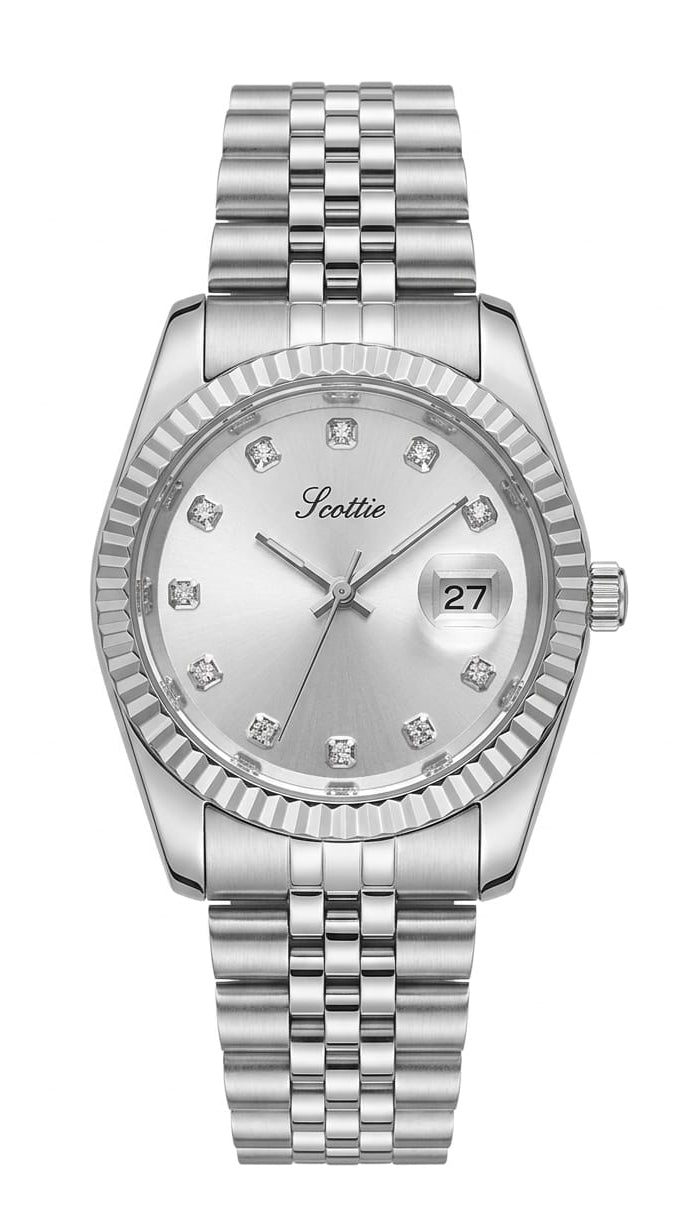 Professional studio shot of the Scottie silver watch with fluted bezel and Jubilee bracelet.