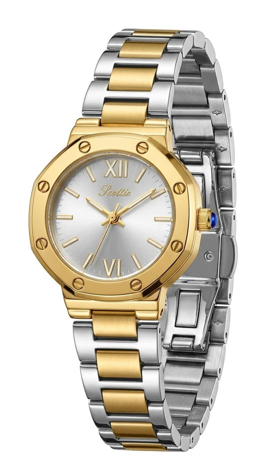 Two-tone silver and gold watch with a white face on a white background