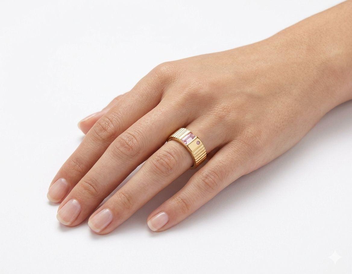 Rosé Ribbed Signet Ring – Emerald-Cut Pink Zirconia Band