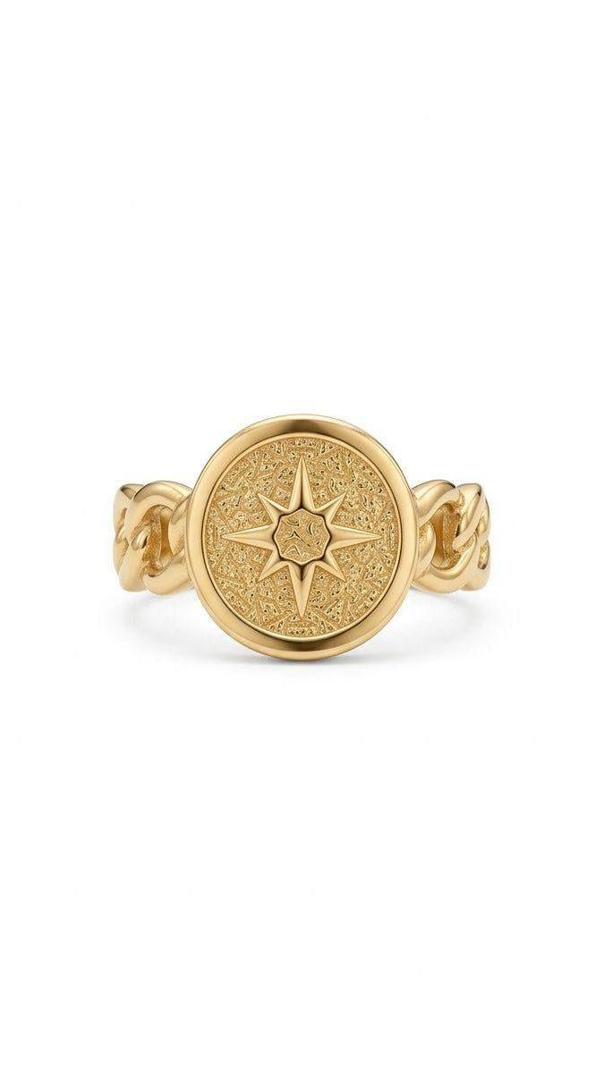 Star Signet Ring – Textured Gold Compass Coin Band