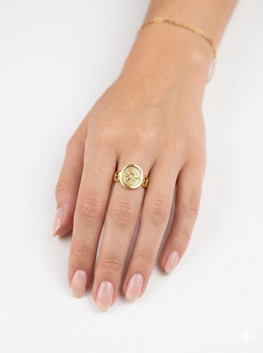 Star Signet Ring – Textured Gold Compass Coin Band