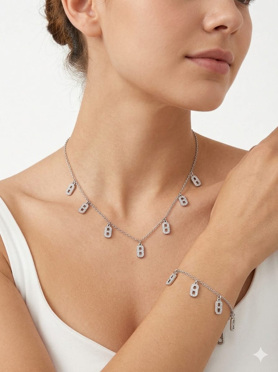 Link Charm Set – Silver Toned Dainty Necklace & Bracelet Duo