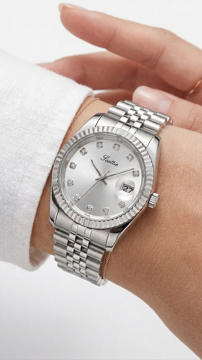 Silver Classic Jubilee Watch Fluted Bezel with Crystal Markers
