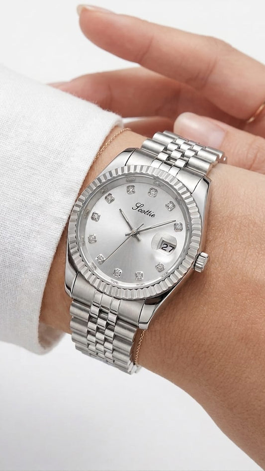 Silver Classic Jubilee Watch Fluted Bezel with Crystal Markers