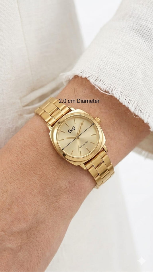 Q&Q Gold Cushion-Case Watch – Minimalist Sunray Dial & Metal Link Bracelet
