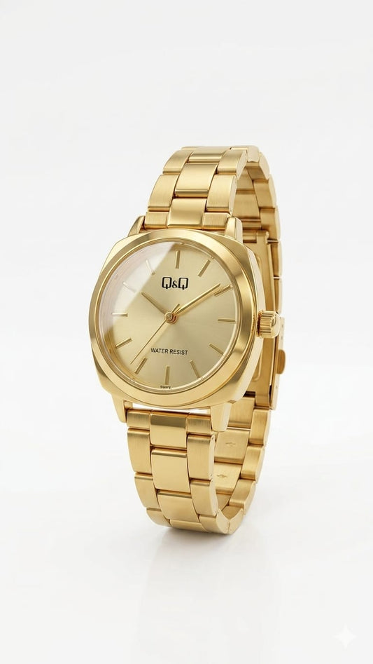 Q&Q Gold Cushion-Case Watch – Minimalist Sunray Dial & Metal Link Bracelet