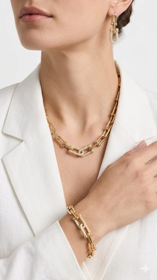 U-Link Complete Jewelry Set – Gold Industrial Chain Necklace, Bracelet & Drop Earrings