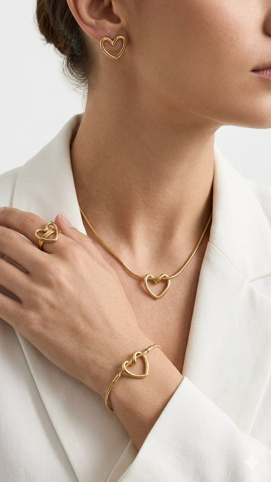 Bypass Heart Complete Jewelry Set – Snake Chain Necklace, Bracelet, Bypass Ring & Earrings