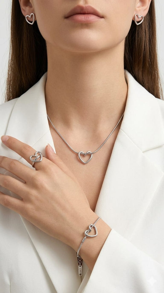 Silver Bypass Heart Complete Jewelry Set Snake Chain Necklace, Bracelet, Bypass Ring & Earrings