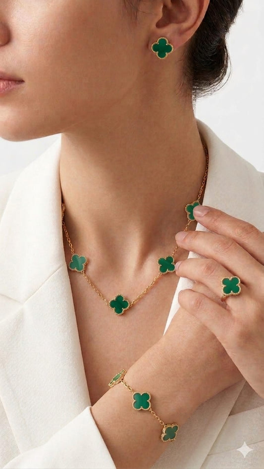 Green Clover Complete Jewelry Set Gold Clover Necklace, Bracelet, Ring & Earrings