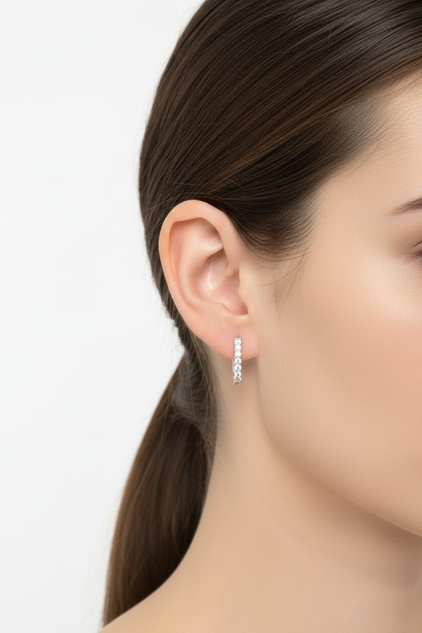 S925 Sterling Silver Rectangle Huggies – Pavé Crystal Geometric Mini Hoops