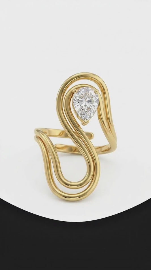 Fluid Wave Abstract Pear-Cut Solitaire Wrap Ring