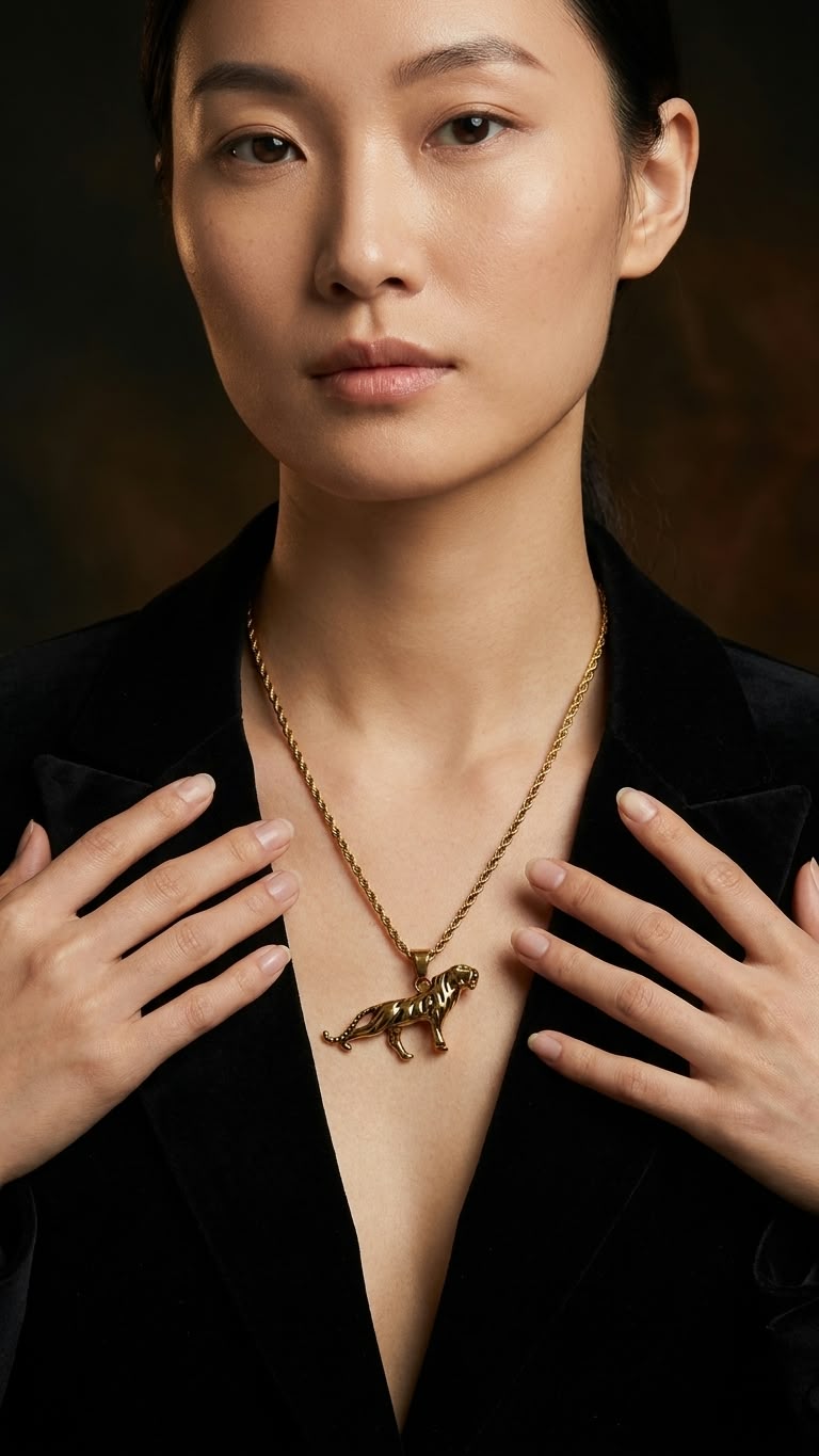 Golden Tiger Pendant Necklace with Rope Chain