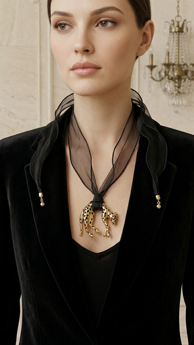 Black Chiffon Scarf & Spotted Golden Panther Pendant Necklace