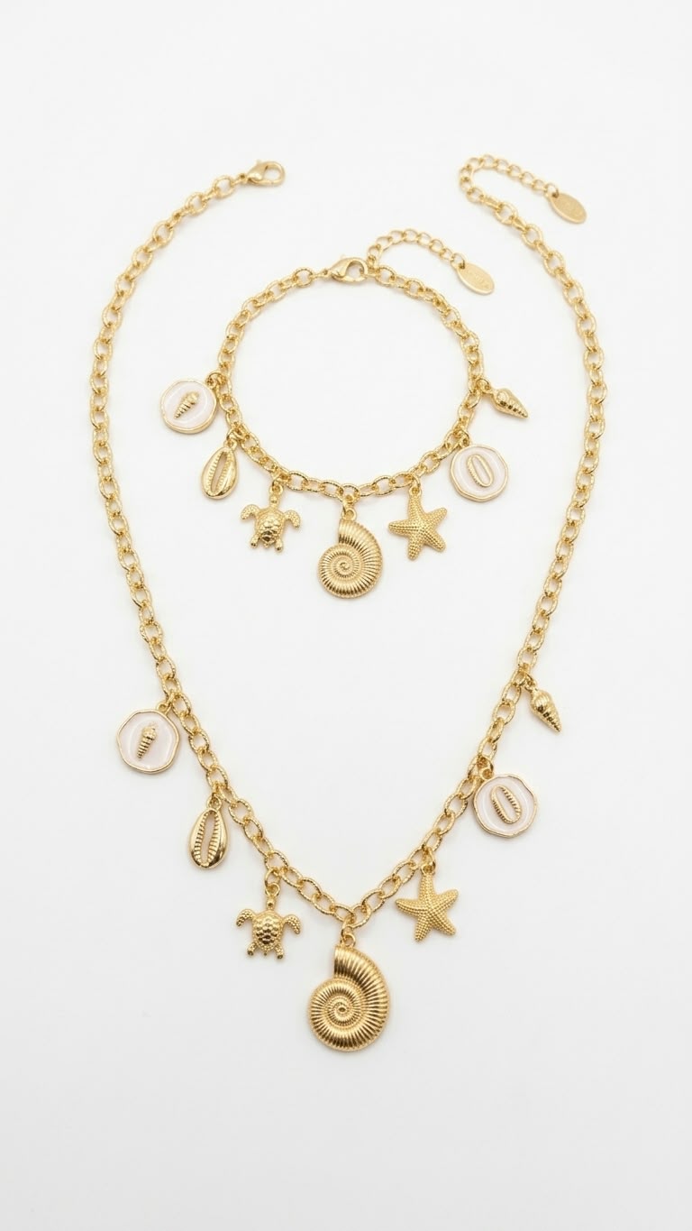 Seaside Charm Jewelry Set: Shell & Starfish Necklace & Bracelet in Gold-Tone