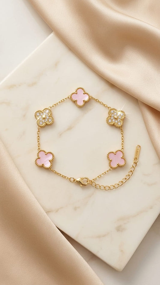 Clover Motif Bracelet with light Pink Enamel & Crystal Accents
