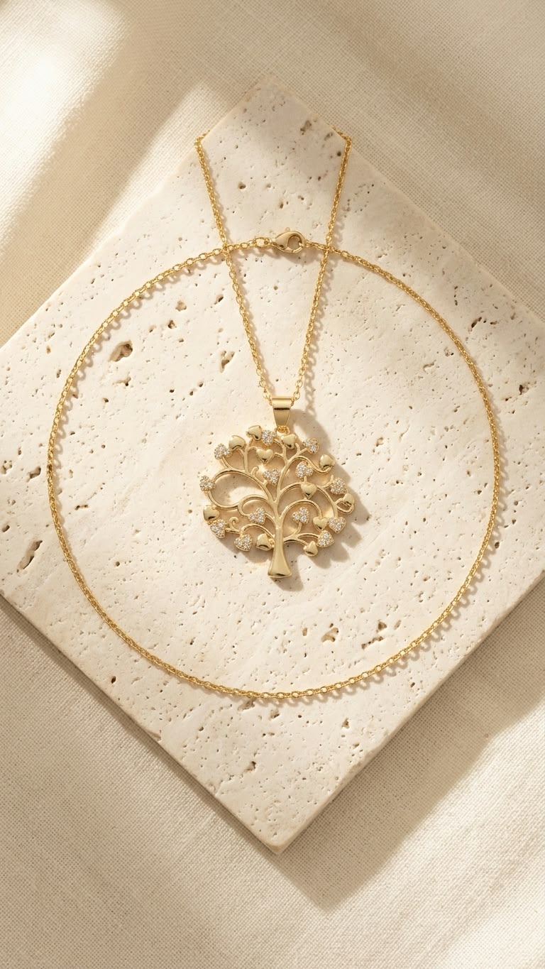 Golden Tree of Life Crystal Heart Pendant Necklace