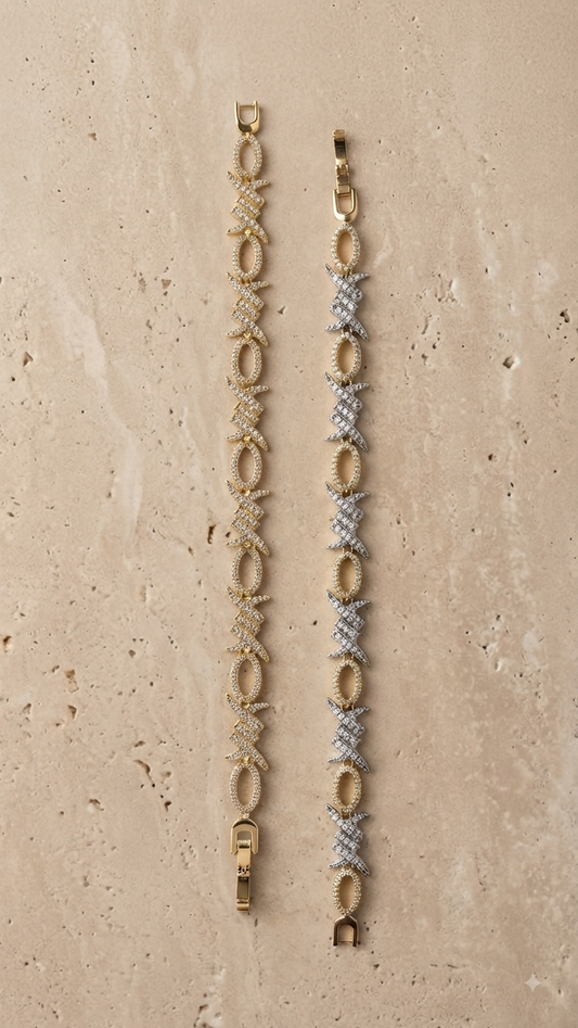 Pavé Crystal Barbed Link Bracelet in Gold or mix gold and silver