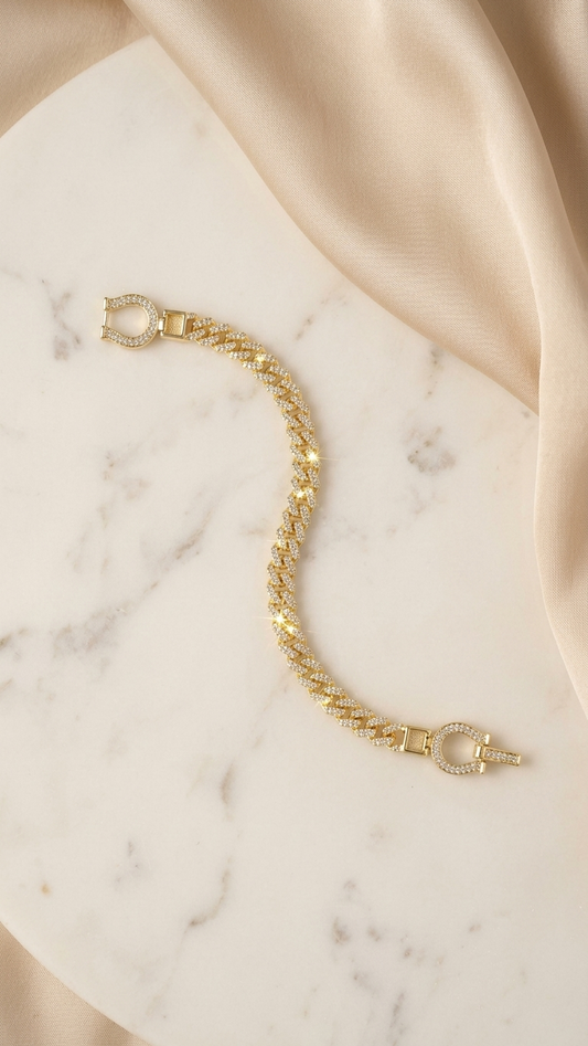 Pavé Crystal Cuban Link Bracelet with Horseshoe Clasp in Gold-Tone