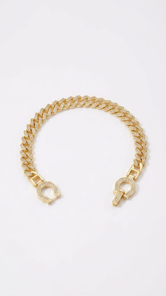 Pavé Crystal Cuban Link Bracelet with Horseshoe Clasp in Gold-Tone