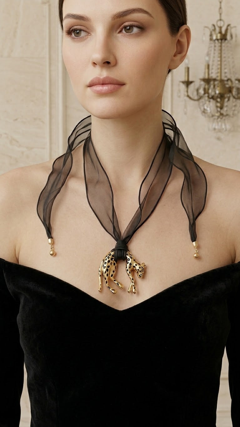 Black Chiffon Scarf & Spotted Golden Panther Pendant Necklace