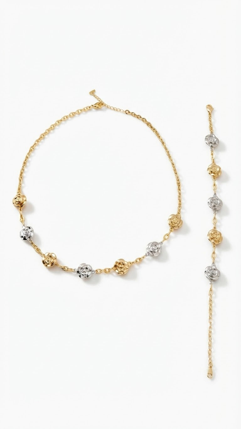 Two-Tone Floral Station Necklace & Matching Bracelet Set