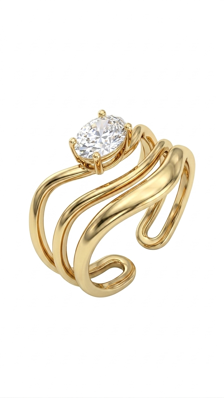 Organic Liquid Wave Multi-Layer Solitaire Wrap Ring