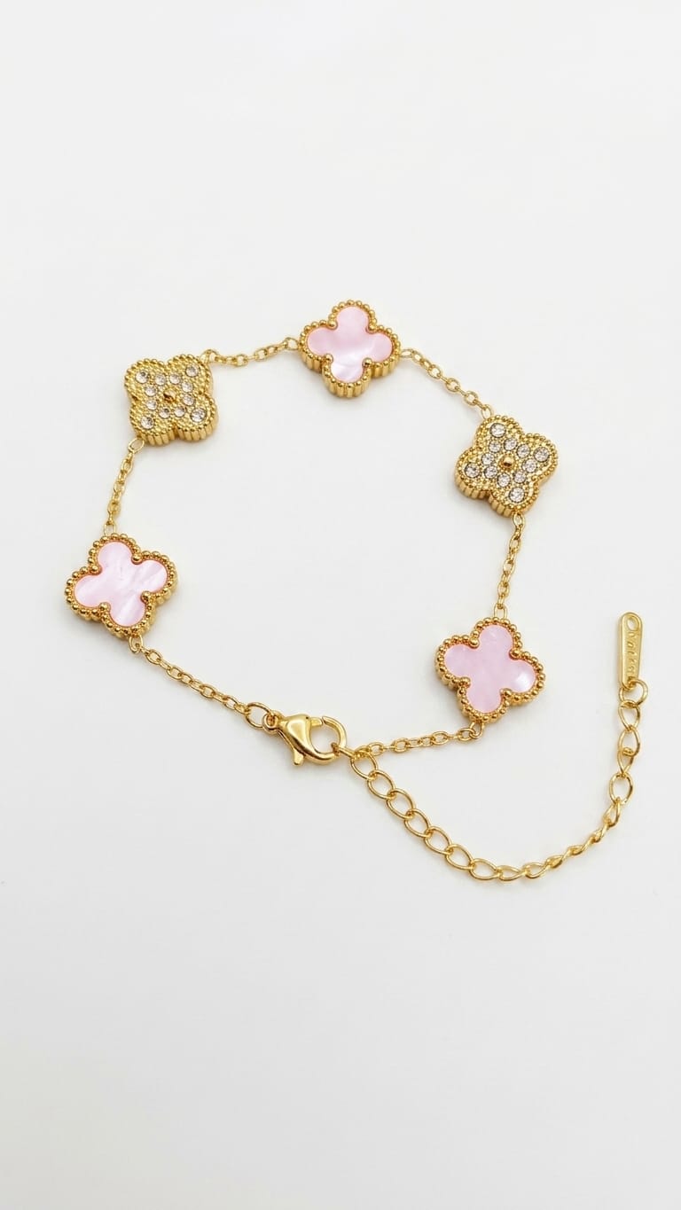 Clover Motif Bracelet with light Pink Enamel & Crystal Accents