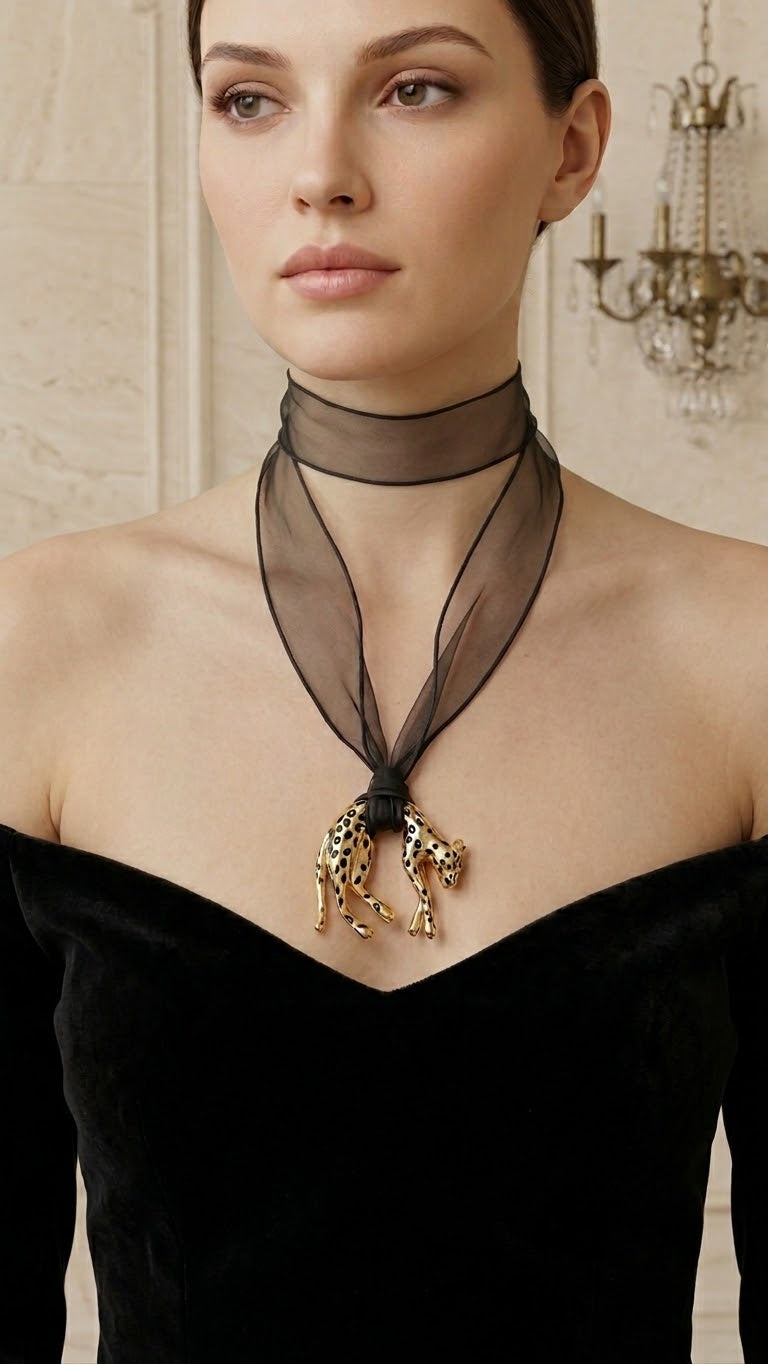 Black Chiffon Scarf & Spotted Golden Panther Pendant Necklace
