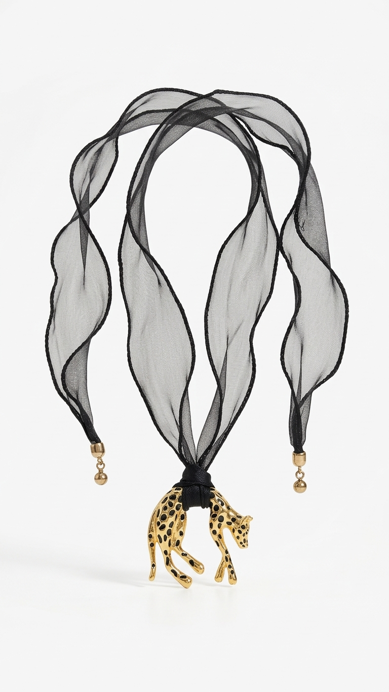 Black Chiffon Scarf & Spotted Golden Panther Pendant Necklace