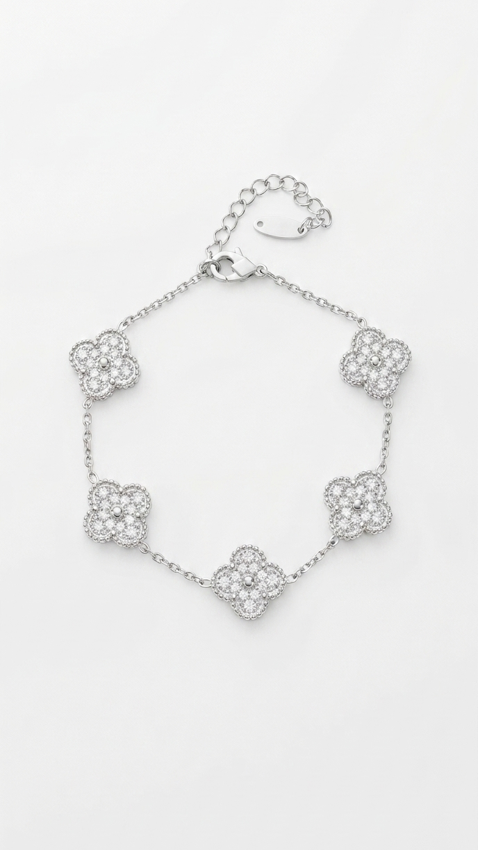 Luxury-Inspired Crystal Clover Station Bracelet – Silver Finish