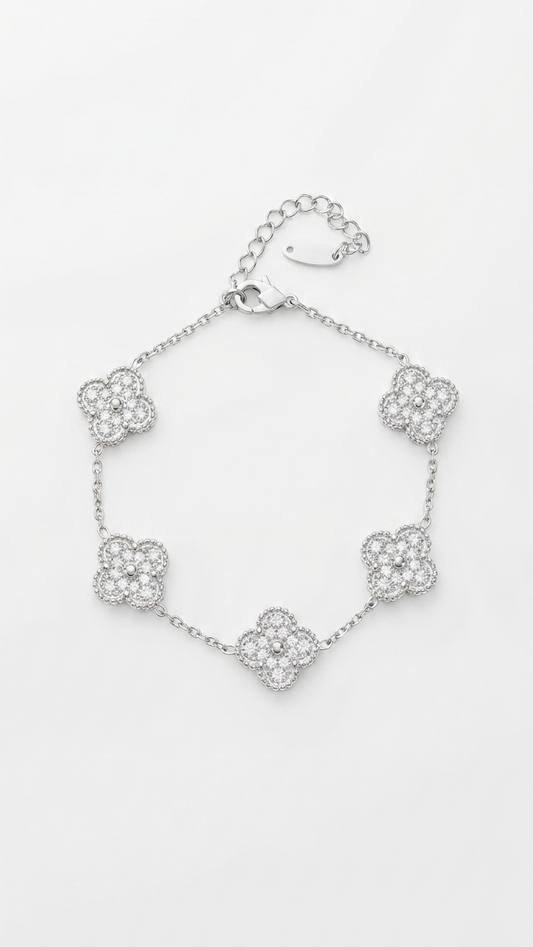 Luxury-Inspired Crystal Clover Station Bracelet – Silver Finish